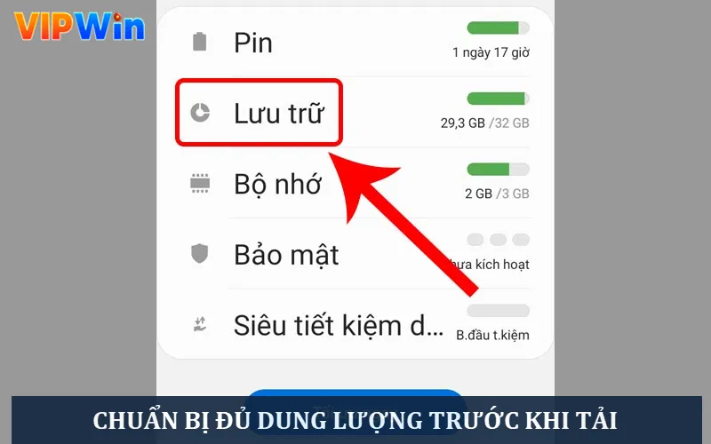 Chuẩn bị đủ dung lượng trước khi tải app