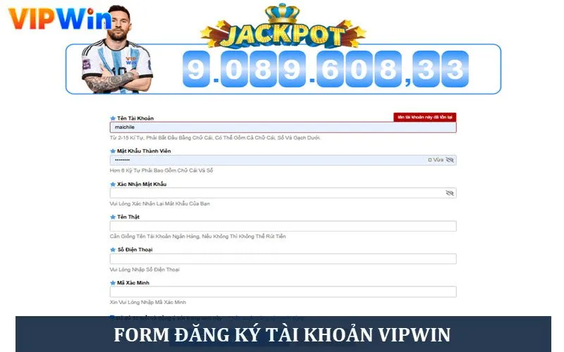 Form đăng ký account VIPWIN chi tiết